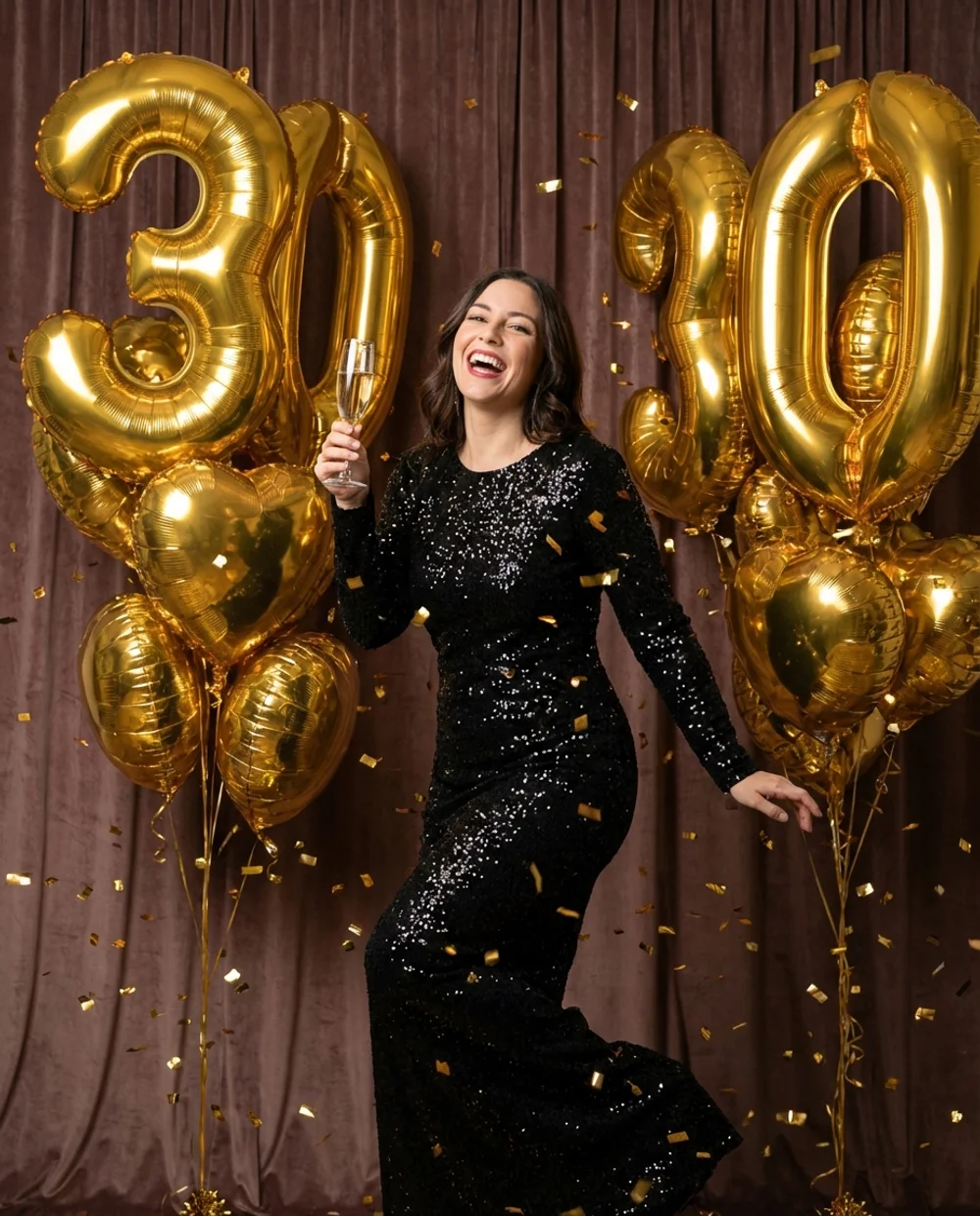 Glamorous 30th birthday photoshoot with gold balloons
