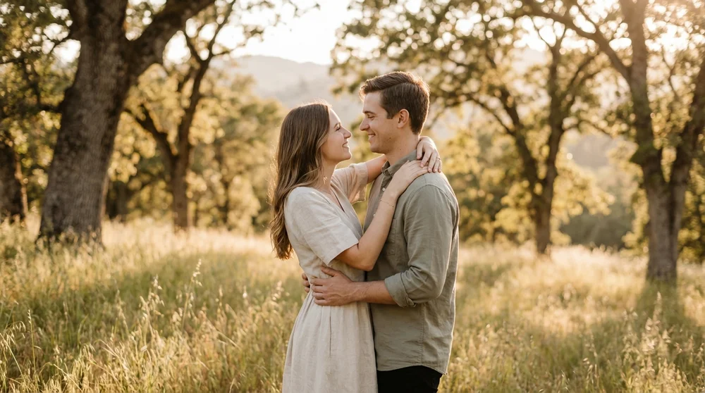 Romantic couple embrace in golden hour field
