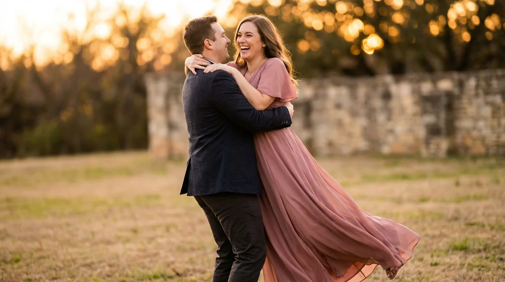 Couple dancing with flowing dress at golden hour