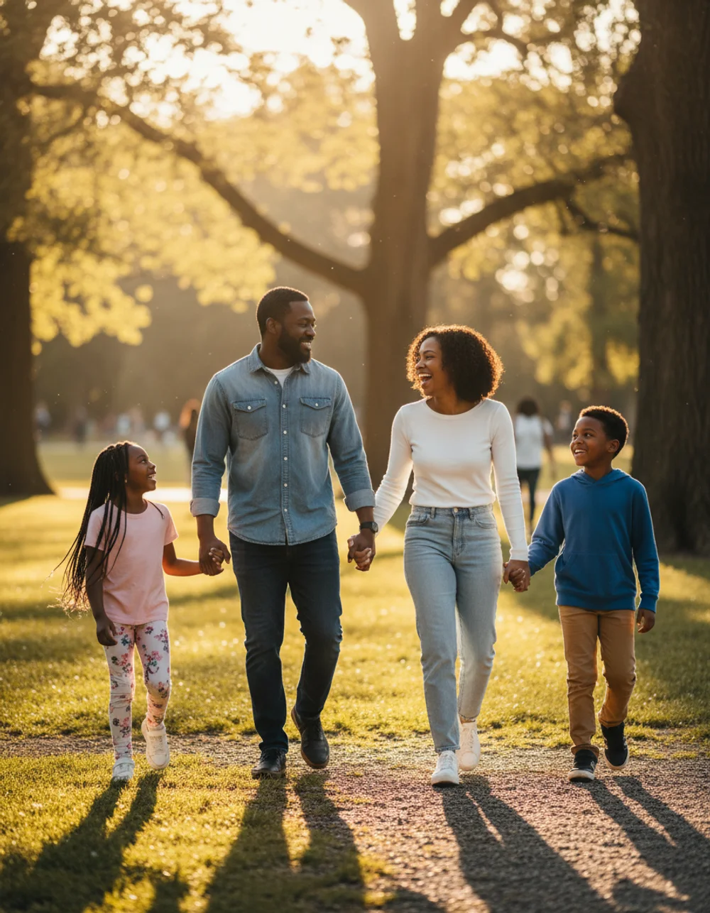 African American family walking in park at golden hour