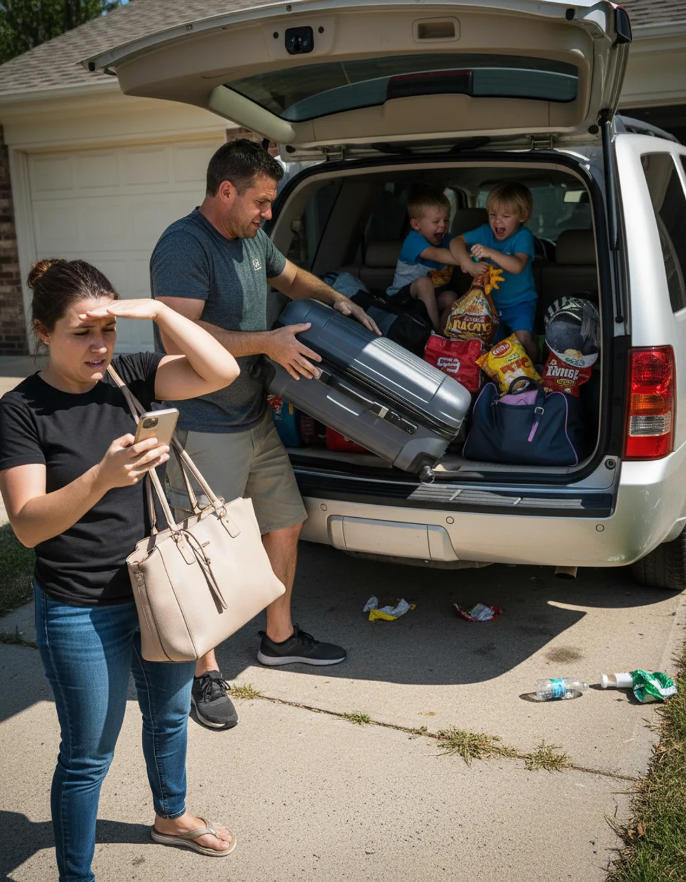 Family loading car for road trip