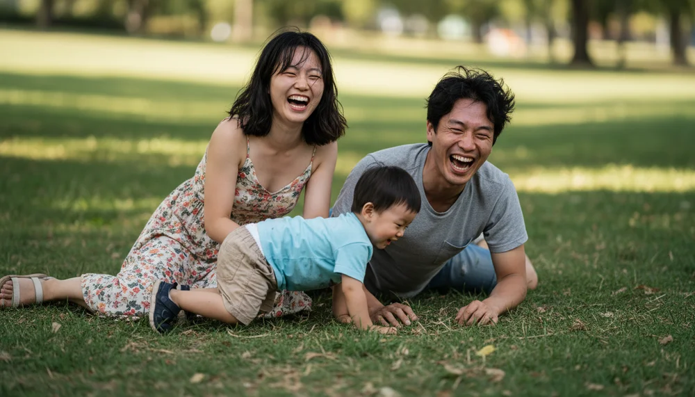 Playful ground-level family - Korean family playing on grass