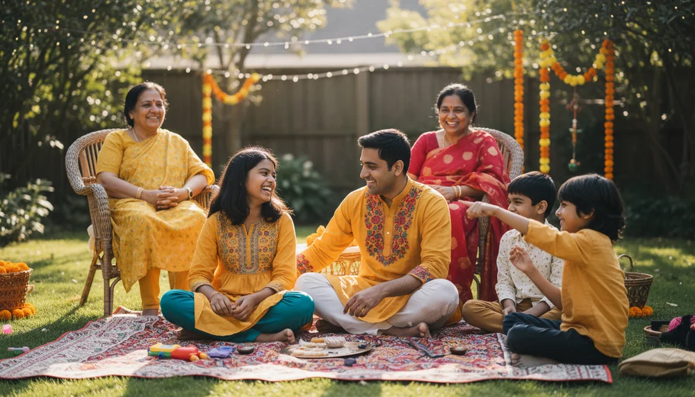 Mixed levels family - Indian multi-generational family on blanket