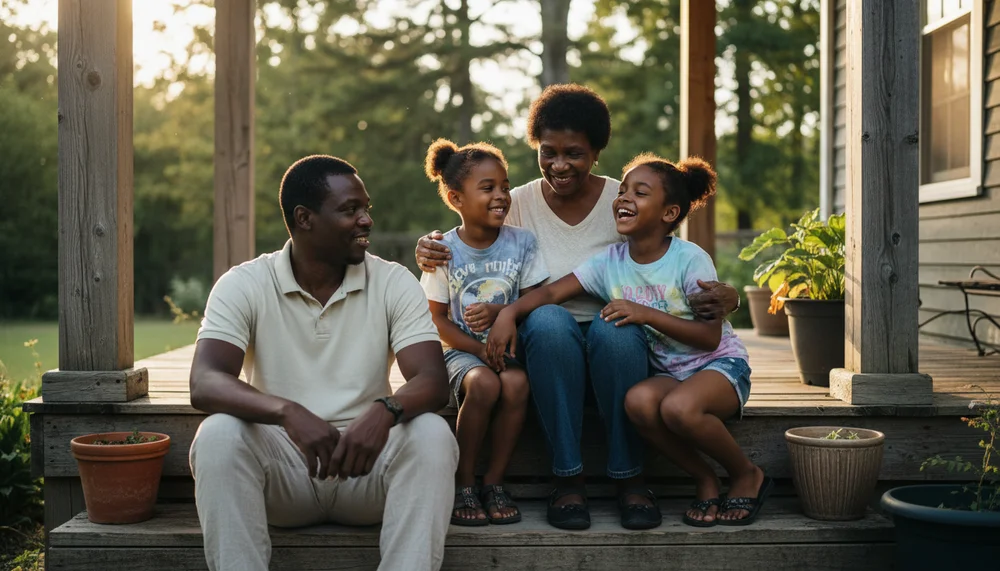 Relaxed family on porch steps - African American family laughing together