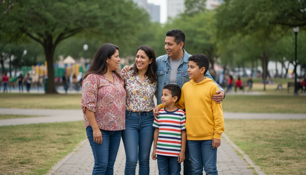 Casual standing family - Latino family in urban park