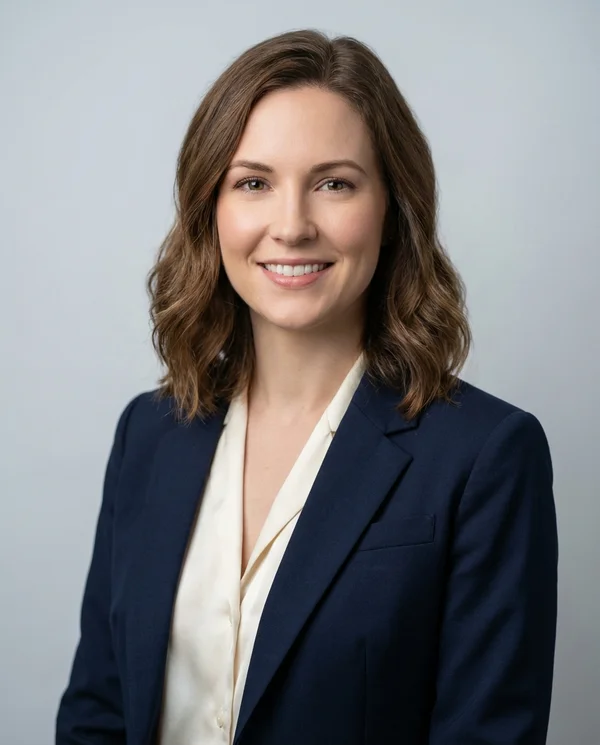 Professional headshot with solid navy blazer